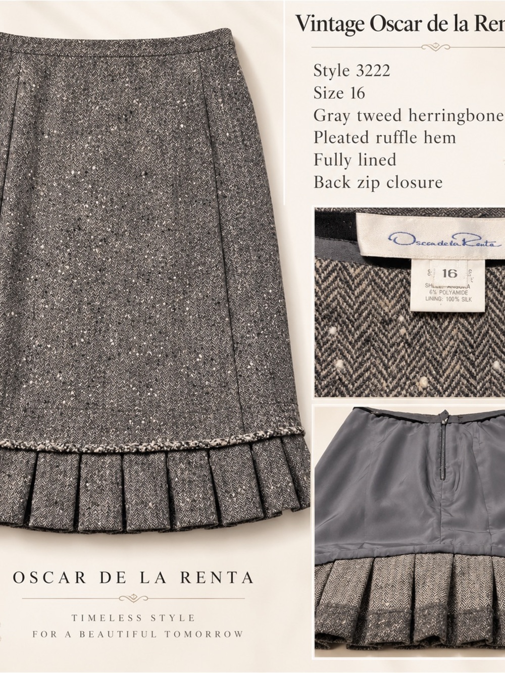 Vintage Oscar de la Renta Gray Herringbone Pleated-Hem Pencil Skirt